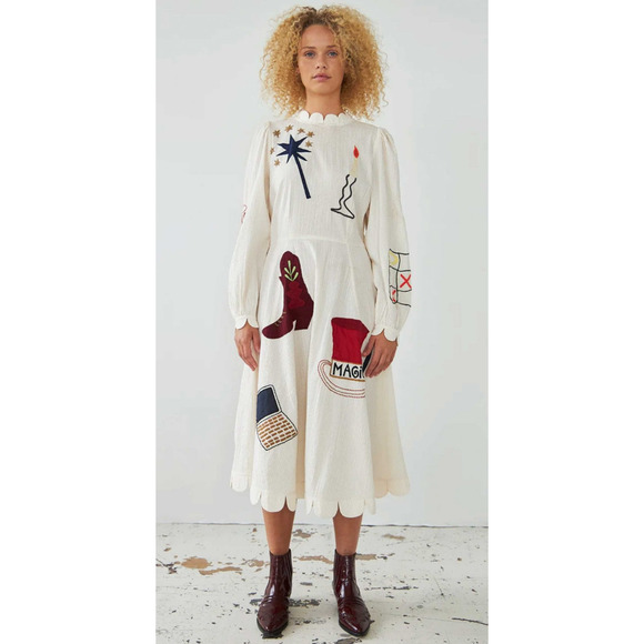 White House Black Market Dresses & Skirts - STELLA NOVA IVORY CIRCUS PRINTED APPLIQUE COTTON-SEERSUCKER MIDI DRESS SZ M US 8